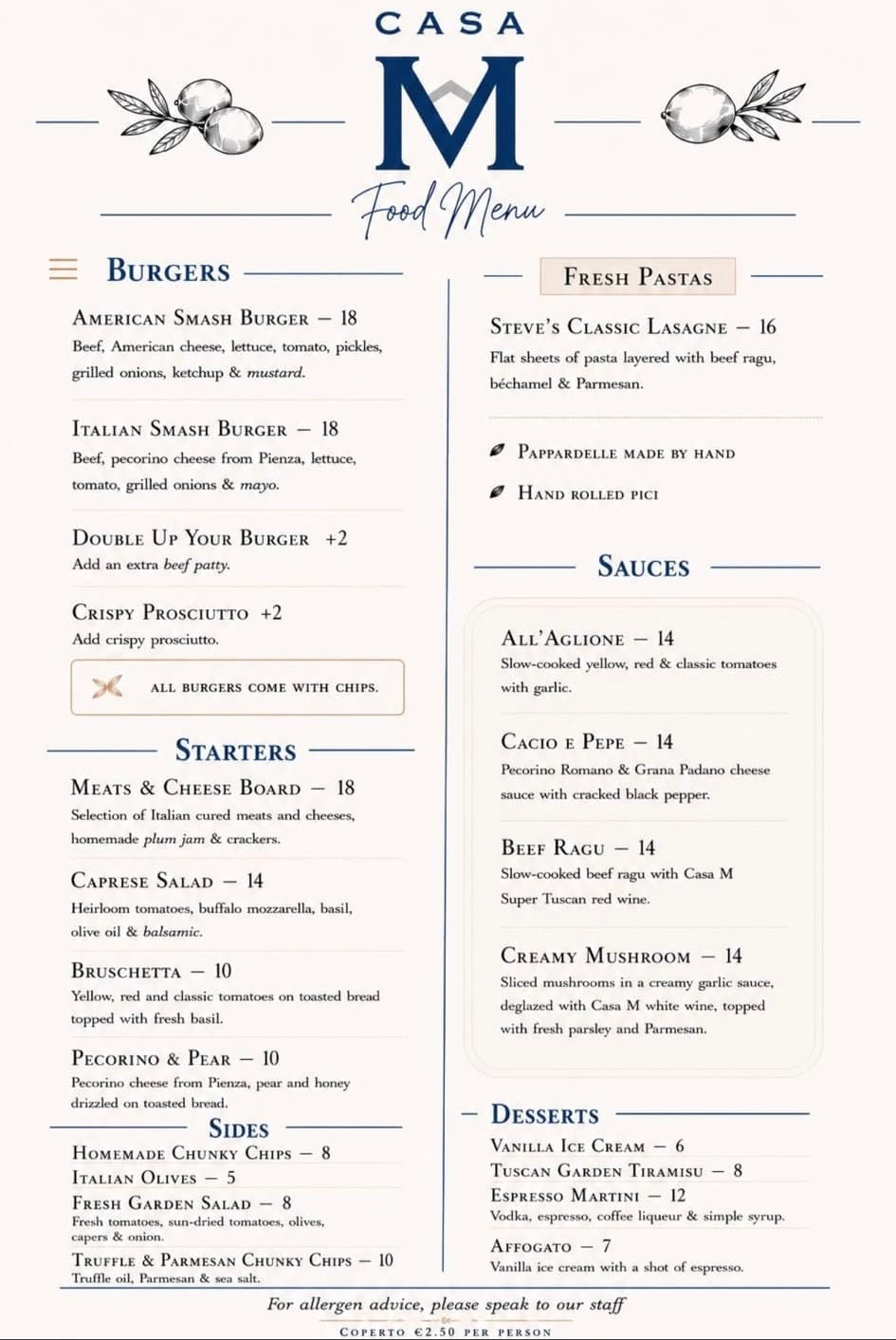 La Vista Restaurant food menu in English